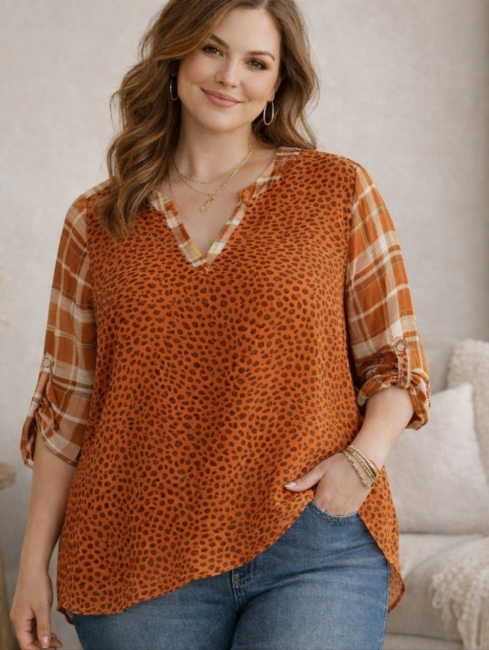 Cato Orange Mixed Print Blouse V-Neck 3/4 Sleeve Size 18/20W